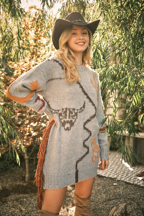 The Stitched Side Fringed Sweater Dress - Grey