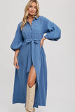 The Brynn - Bubble Sleeve Belted Midi Dress