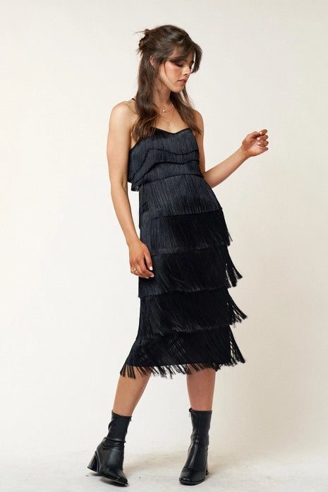 Crossed Fringed Black Midi Dress
