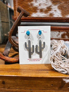 Navajo Turquoise Silver Cactus Post Dangle Earrings