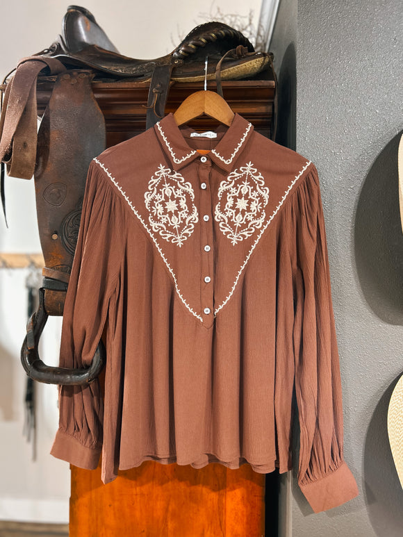 The Bobbie Embroidered Button Down Top - Brown