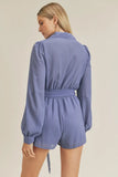 The Maggie - Woven Long Sleeve Button Up Romper (Black, Denim)