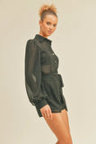 The Maggie - Woven Long Sleeve Button Up Romper (Black, Denim)